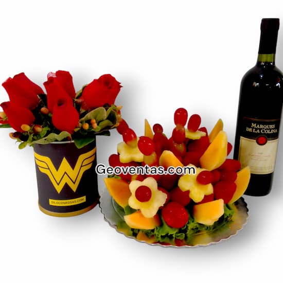 Arreglo con Frutas con box de rosas y Cava Delivery - Cod:DMK05